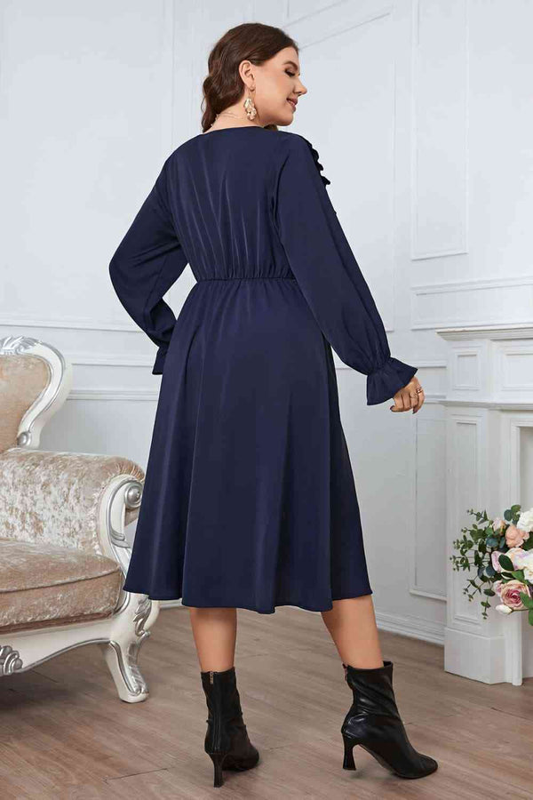  Apparel Plus Size V-Neck Buttoned Flounce Sleeve Dress -BazaarBey - www.shopbazaarbey.com