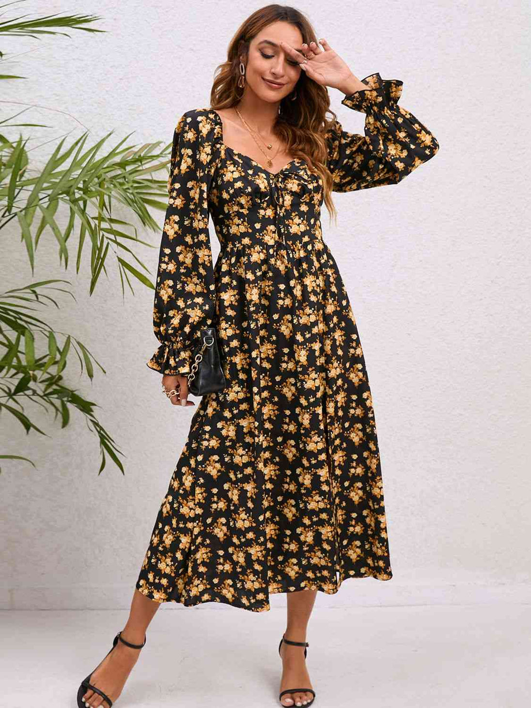 Flounce Sleeve Slit Midi Dress -BazaarBey - www.shopbazaarbey.com