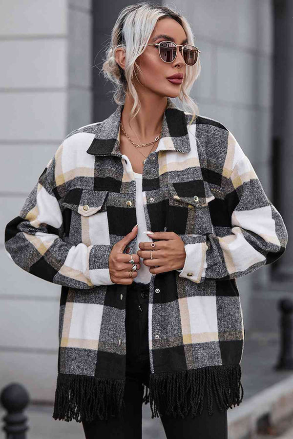 Plaid Collared Neck Snap Front Jacket Trendsi