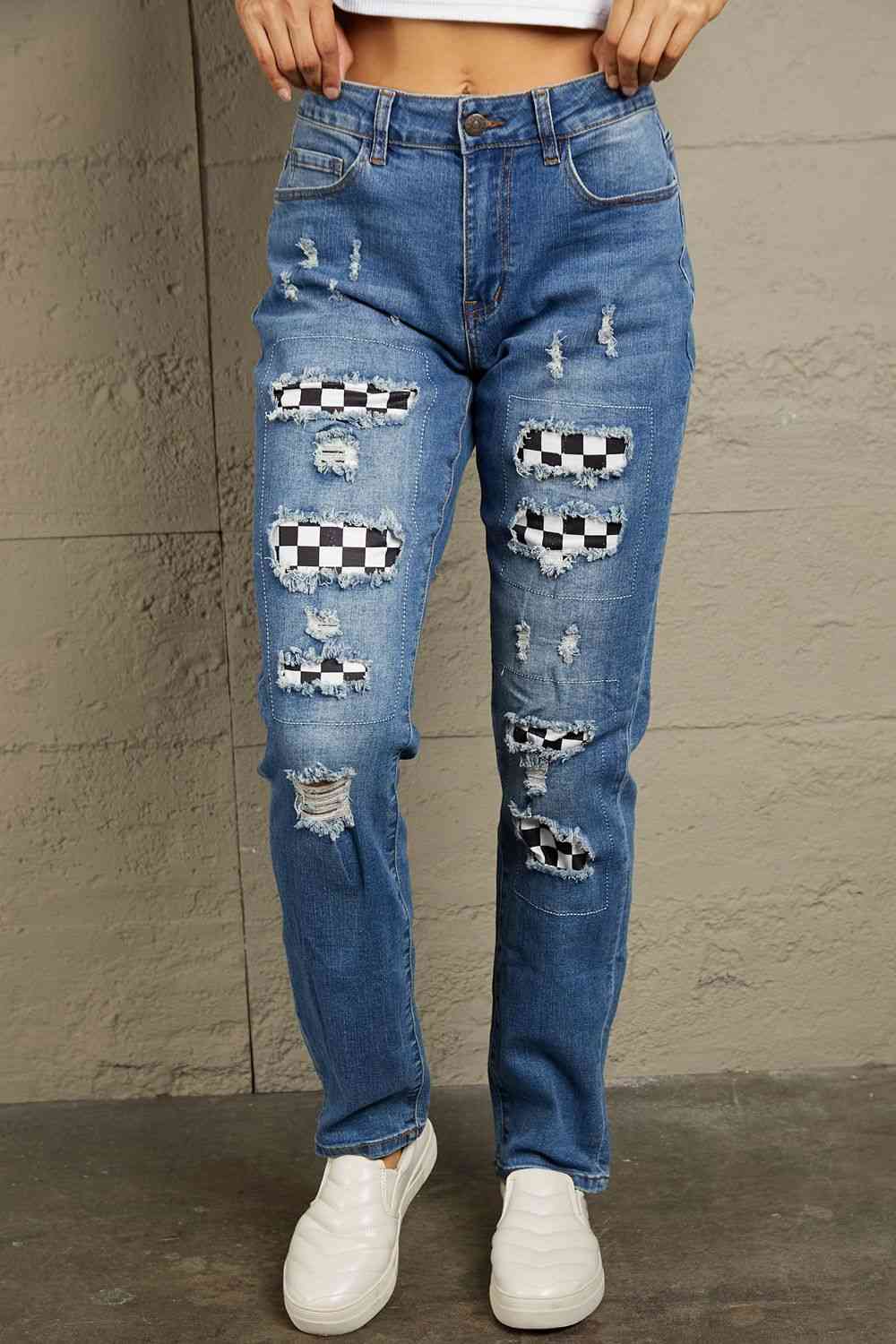  Checkered Patchwork Mid Waist Distressed Jeans Bazaarbey