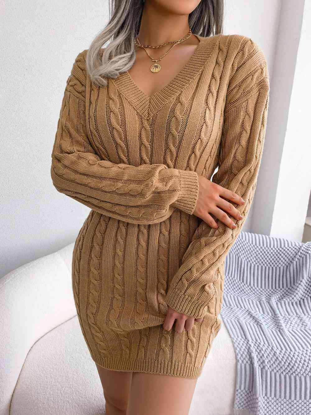 Cable-Knit V-Neck Mini Sweater Dress Bazaarbey