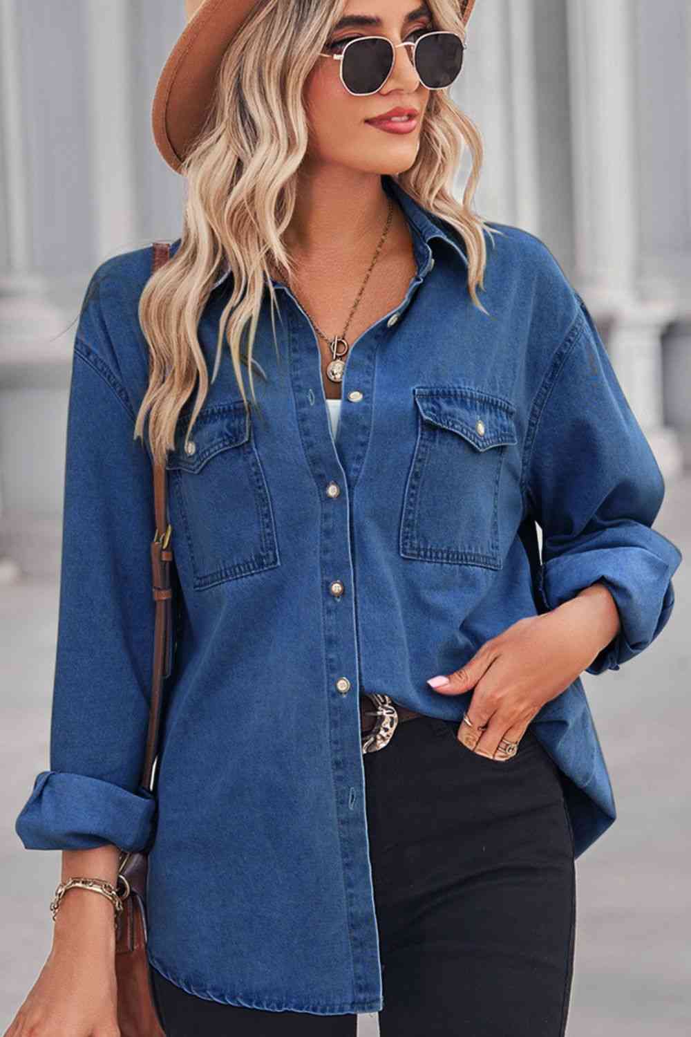 Collared Neck Dropped Shoulder Denim Top Bazaarbey