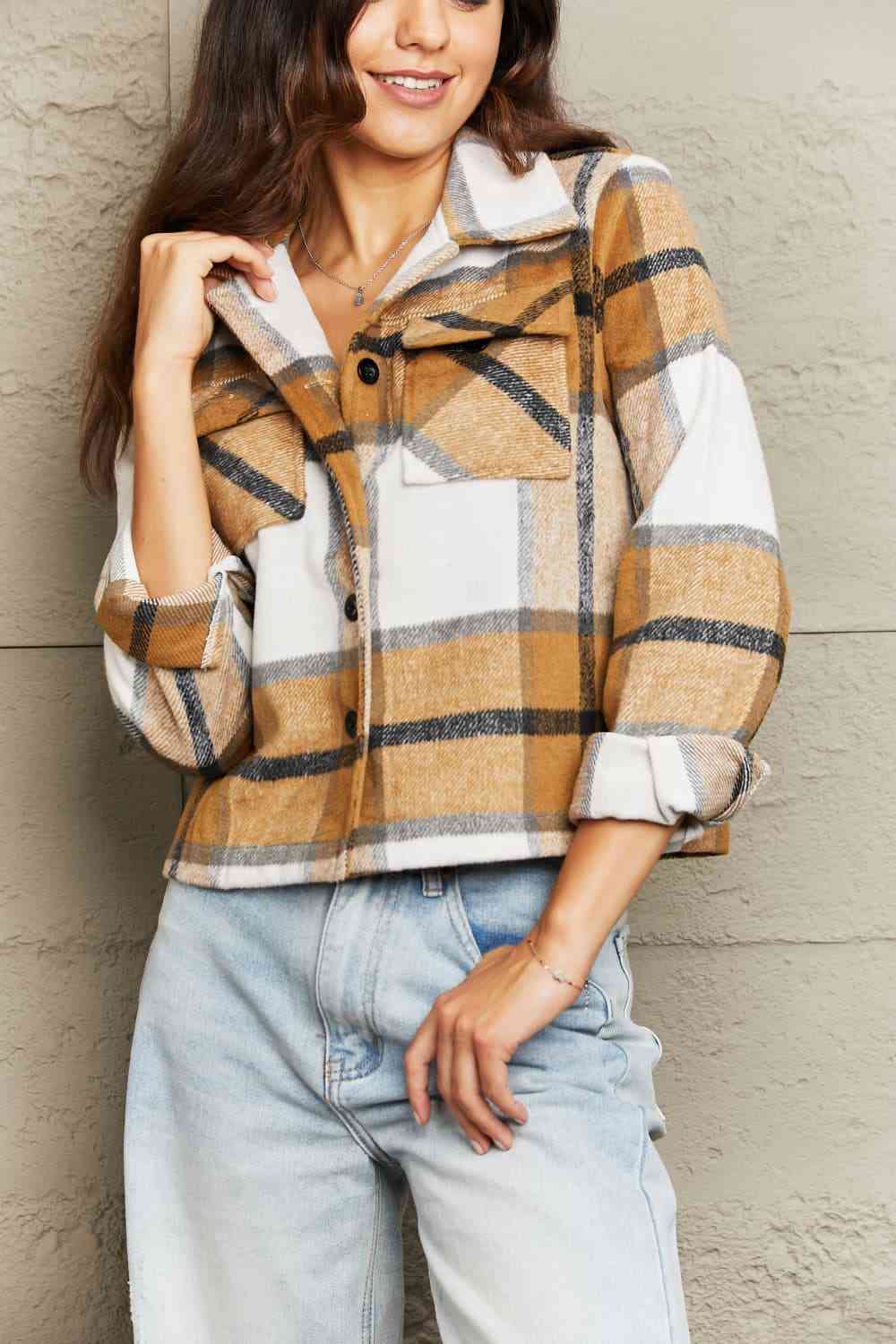  Plaid Collared Neck Jacket with Breast Pockets Trendsi