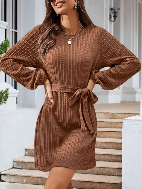 Round Neck Tie Front Long Sleeve Dress Bazaarbey