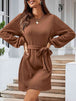 Round Neck Tie Front Long Sleeve Dress Bazaarbey