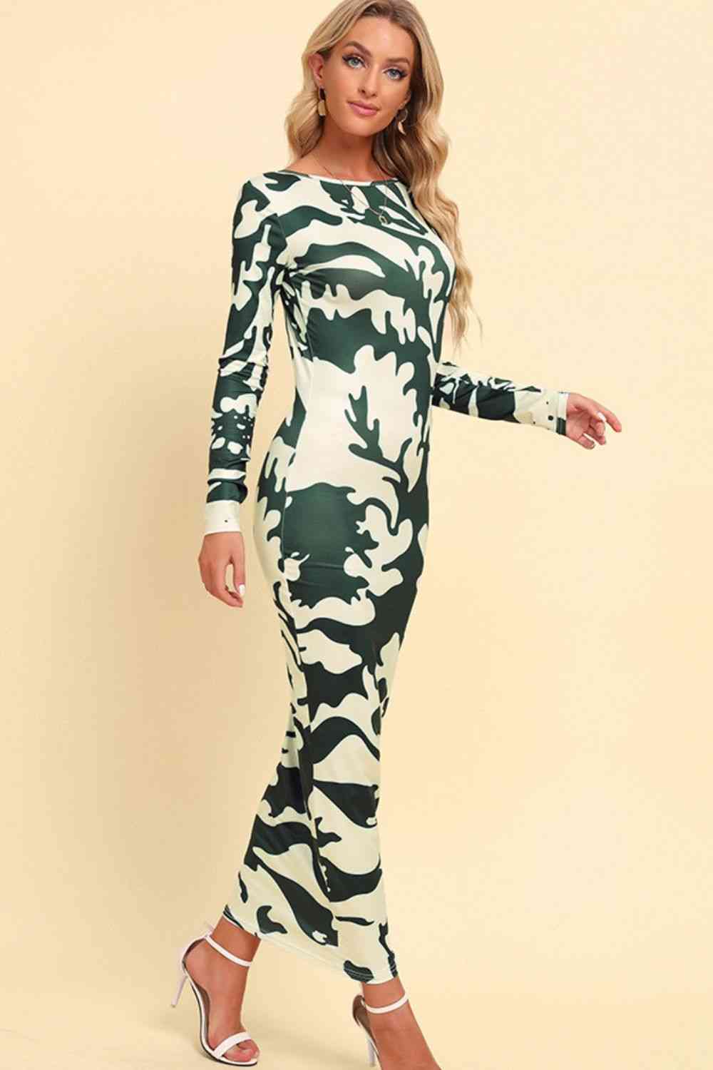 Printed Backless Long Sleeve Maxi Dress Bazaarbey