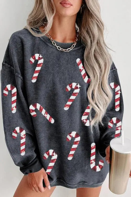  Candy Cane Round Neck Sweatshirt Bazaarbey