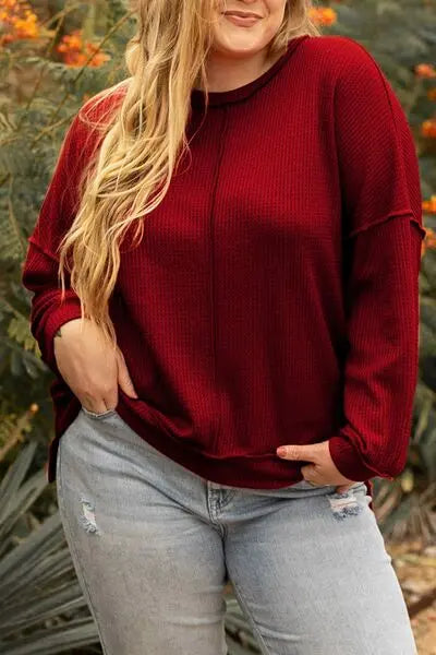 Plus Size Exposed Seam Waffle-Knit High-Low Sweatshirt Bazaarbey