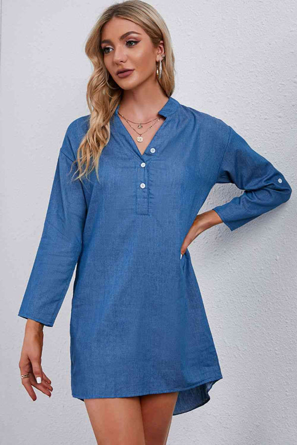 Half-Button Notched Neck High-Low Denim Dress Trendsi