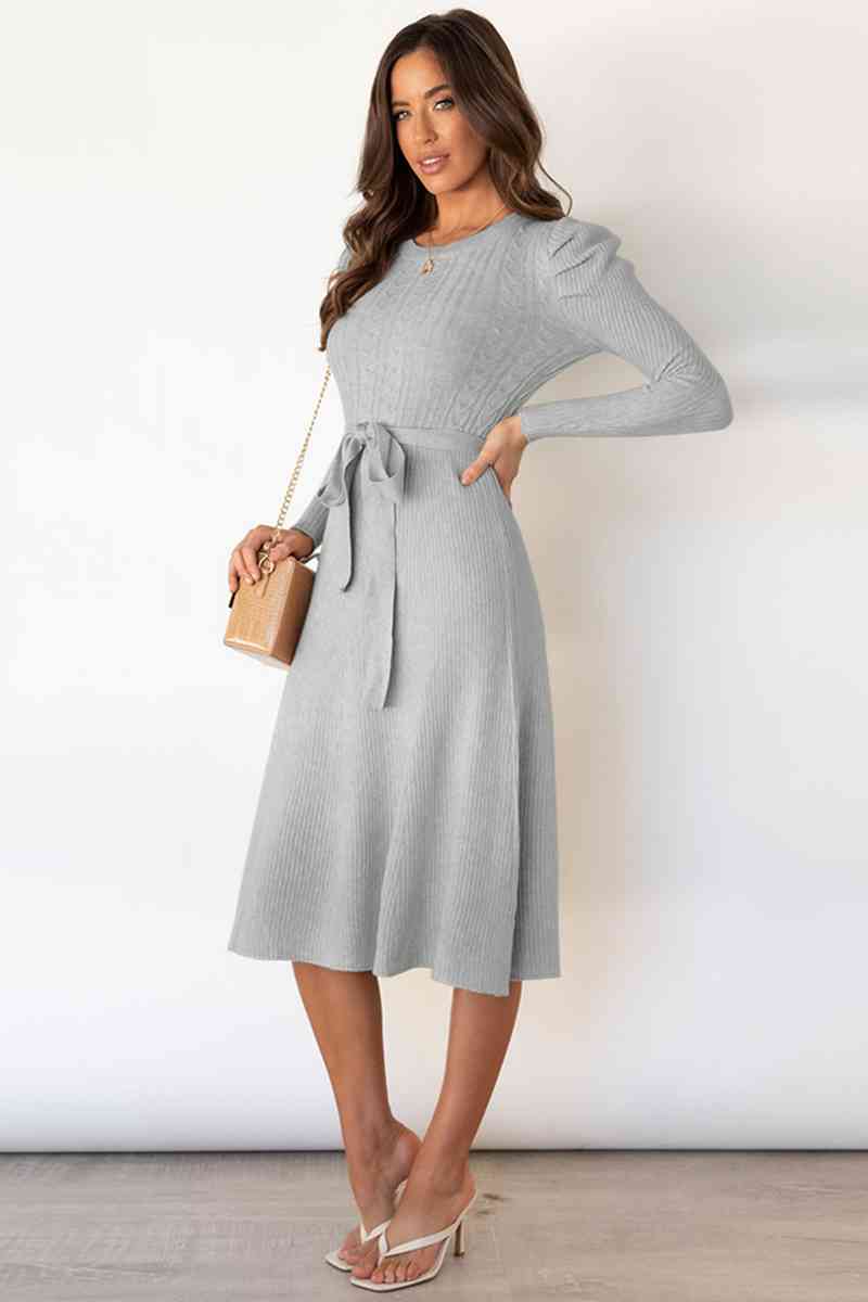 Round Neck Long Sleeve Tie Waist Sweater Dress Bazaarbey