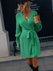 Belted Surplice Lantern Sleeve Wrap Sweater Dress Bazaarbey