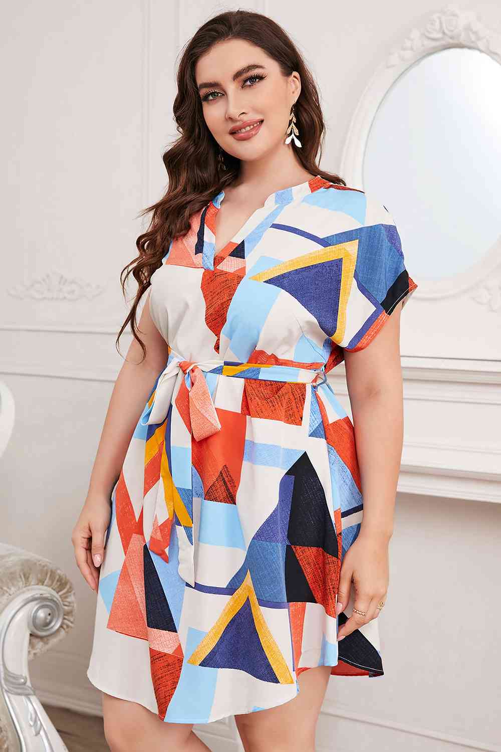 Plus Size Notched Neck Tie Waist Dress -BazaarBey - www.shopbazaarbey.com