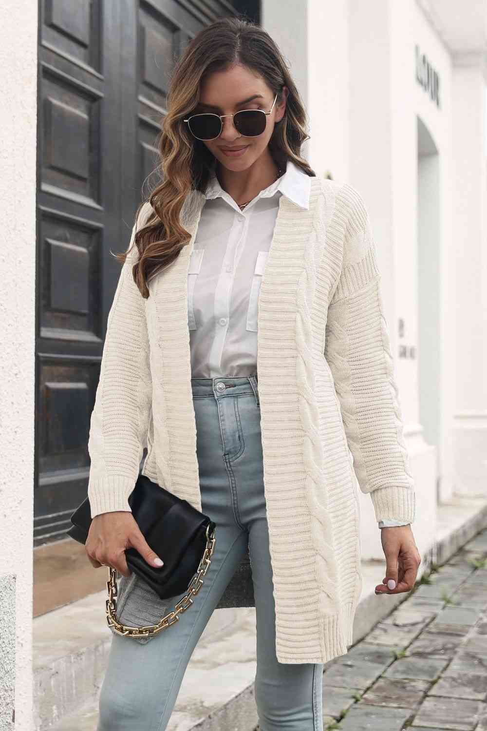 Open Front Cable-Knit Cardigan Trendsi