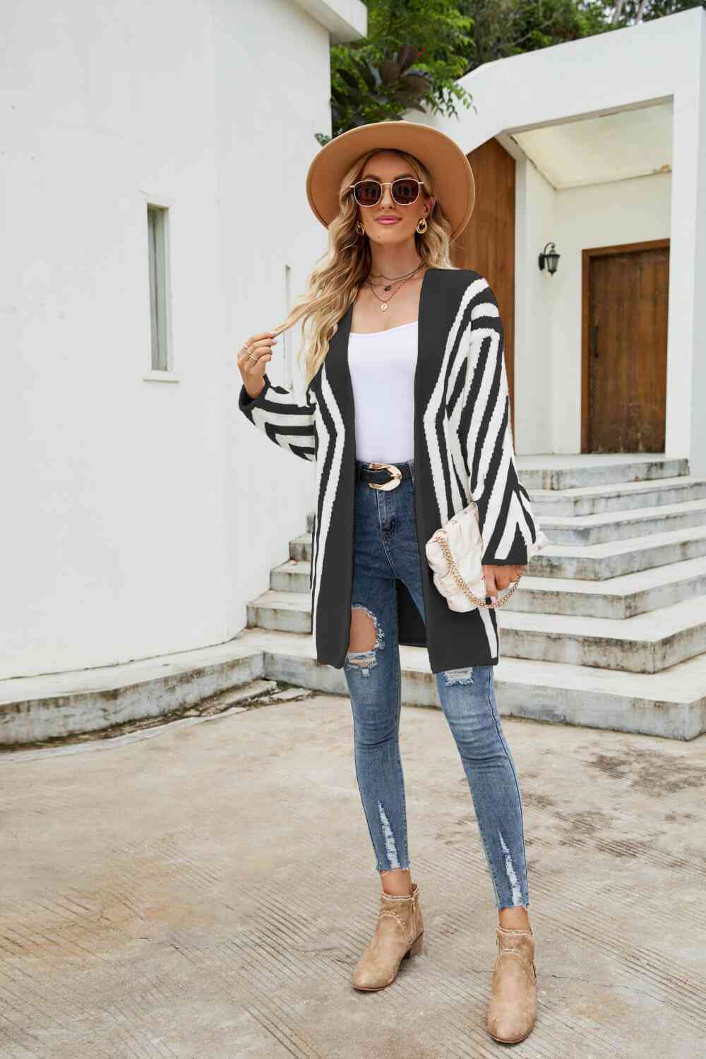 Woven Right Two-Tone  Fuzzy  Cardigan Trendsi