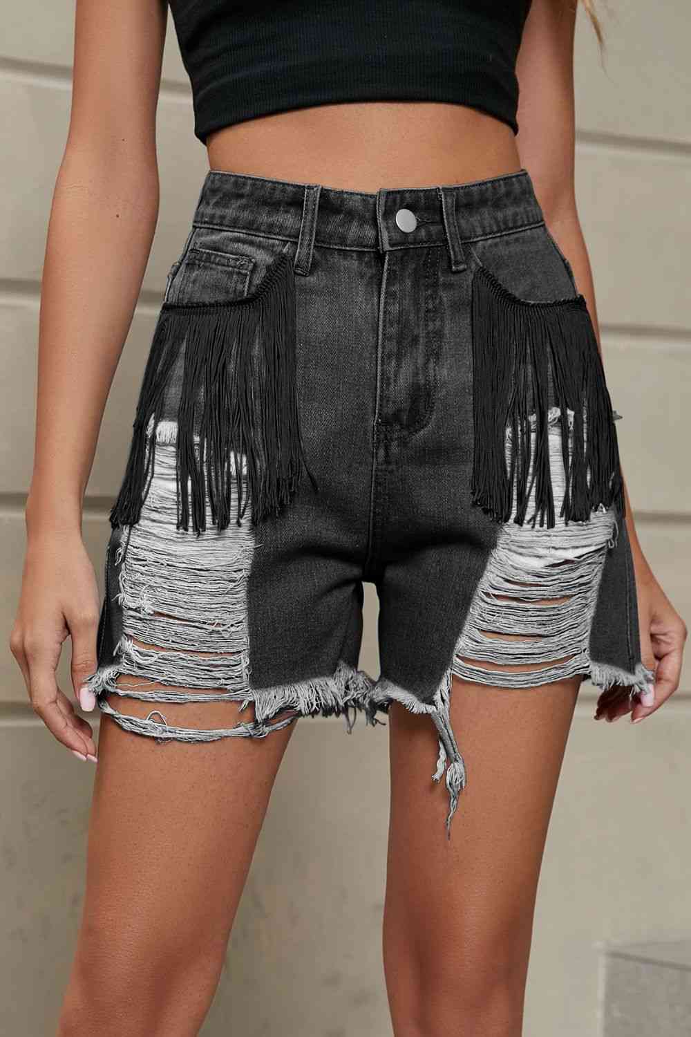 Fringe Trim Distressed Denim Shorts with Pockets Bazaarbey