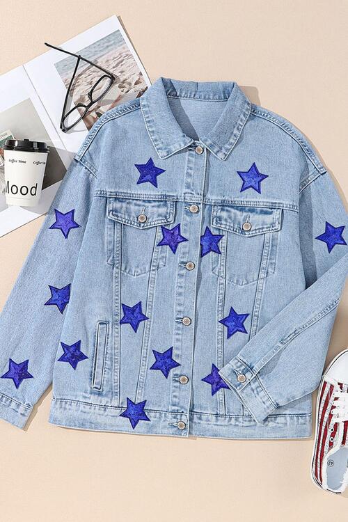 Pocketed Geometric Collared Neck Denim Jacket Bazaarbey