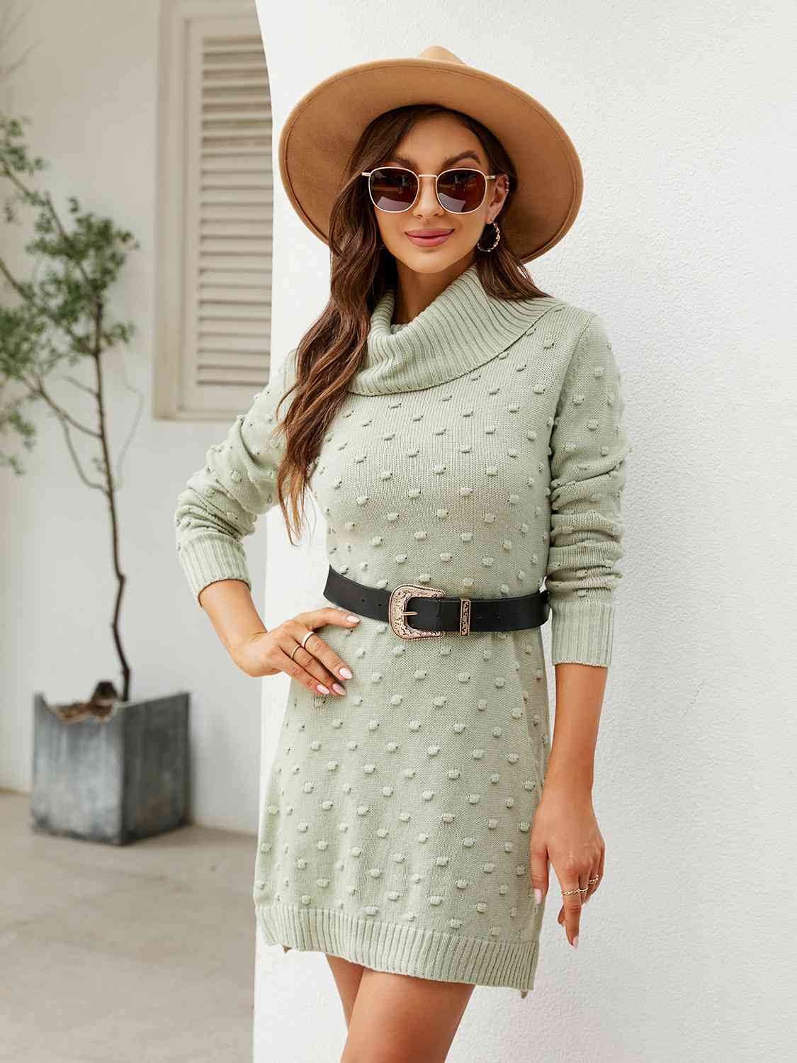 Turtleneck Long Sleeve Slit Sweater Dress Bazaarbey