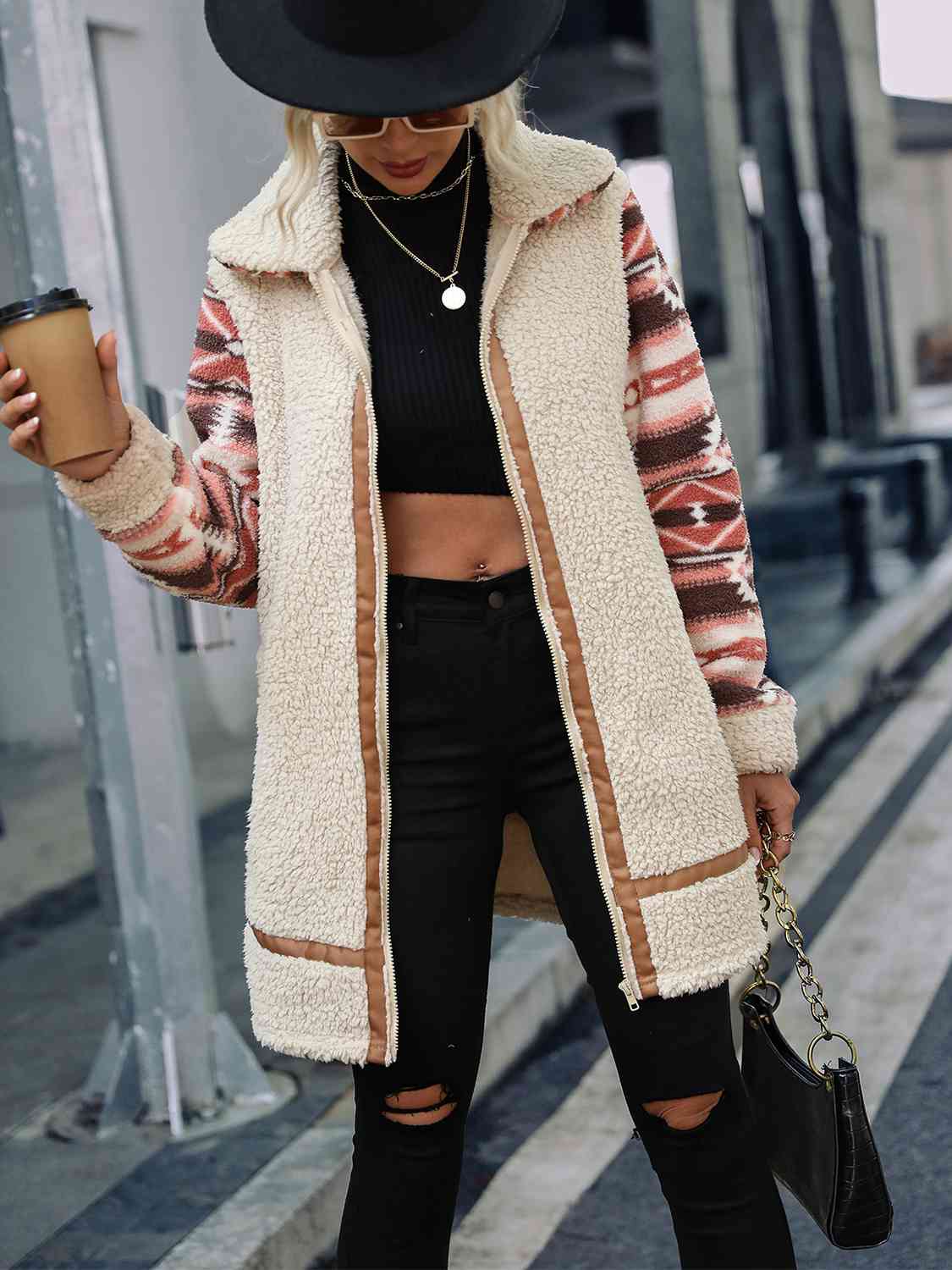  Zip-Up Collared Sherpa Jacket Trendsi