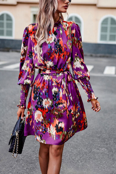 Printed Tie Waist Mock Neck Lantern Sleeve Dress -BazaarBey - www.shopbazaarbey.com