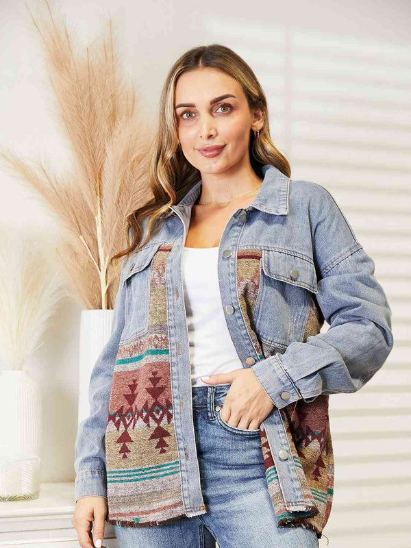 Collared Neck Dropped Shoulder Denim Jacket Bazaarbey