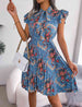 Pleated Floral Printed Tie Neck Knee Length Dress -BazaarBey - www.shopbazaarbey.com