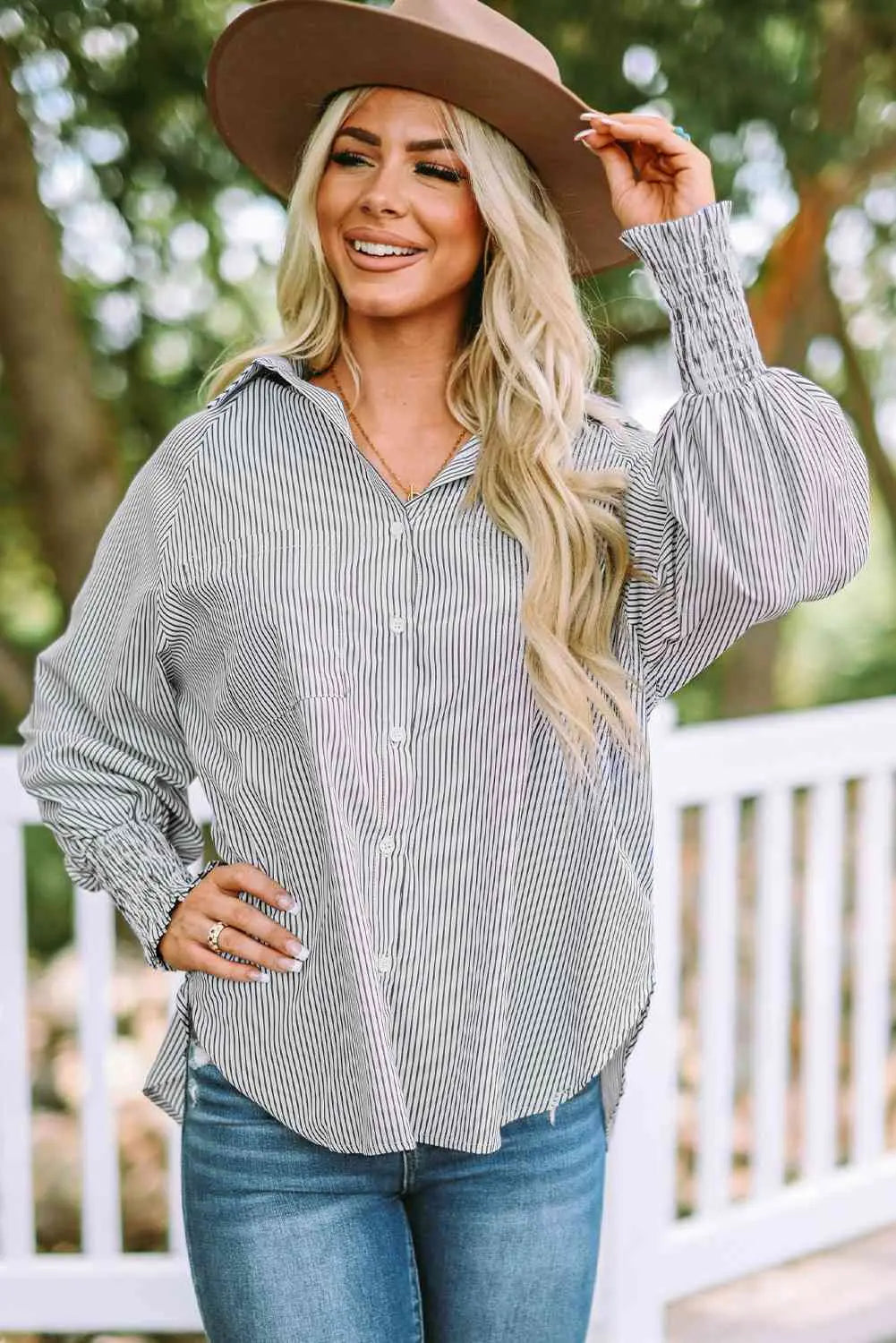 Striped Lantern Sleeve Collared Shirt Trendsi