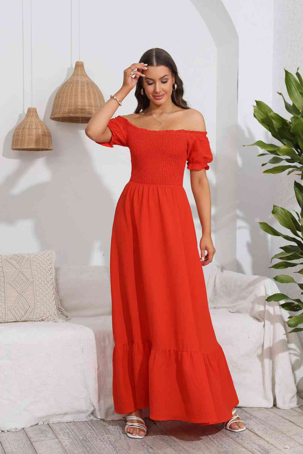 Smocked Off-Shoulder Maxi Dress Bazaarbey