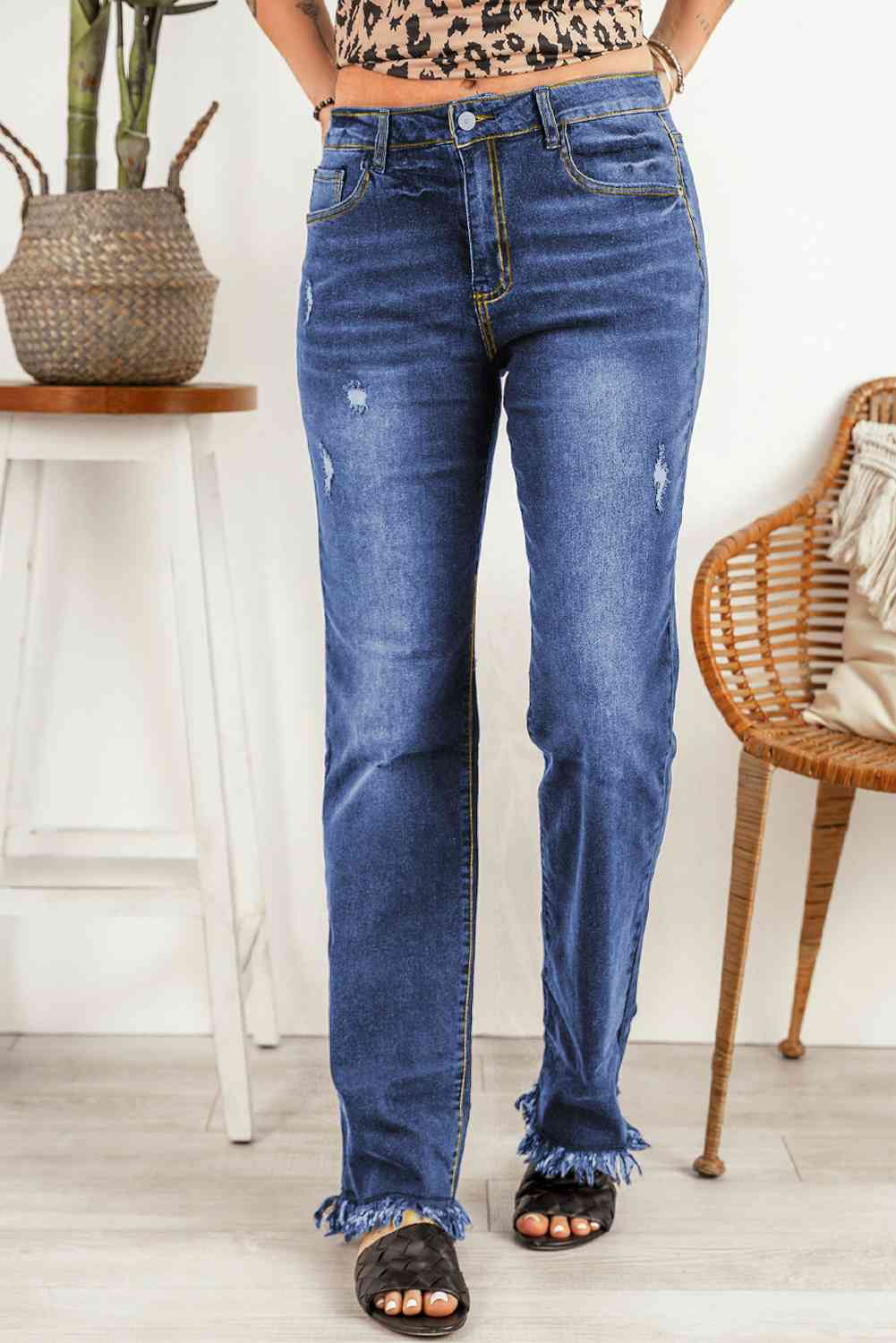 Ripped Frayed Hem Jeans Trendsi