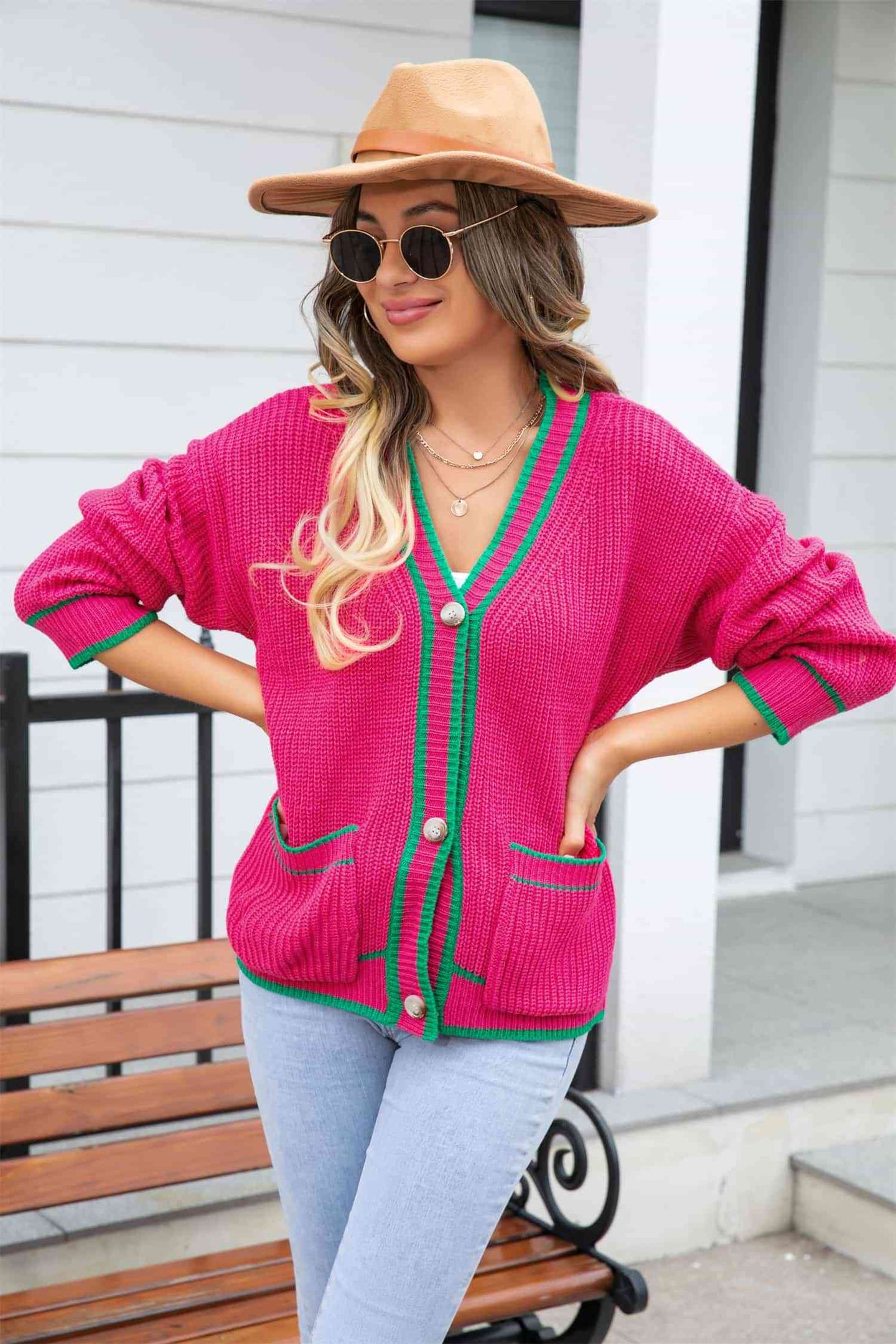 Waffle Knit V-Neck Cardigan with Pocket Trendsi