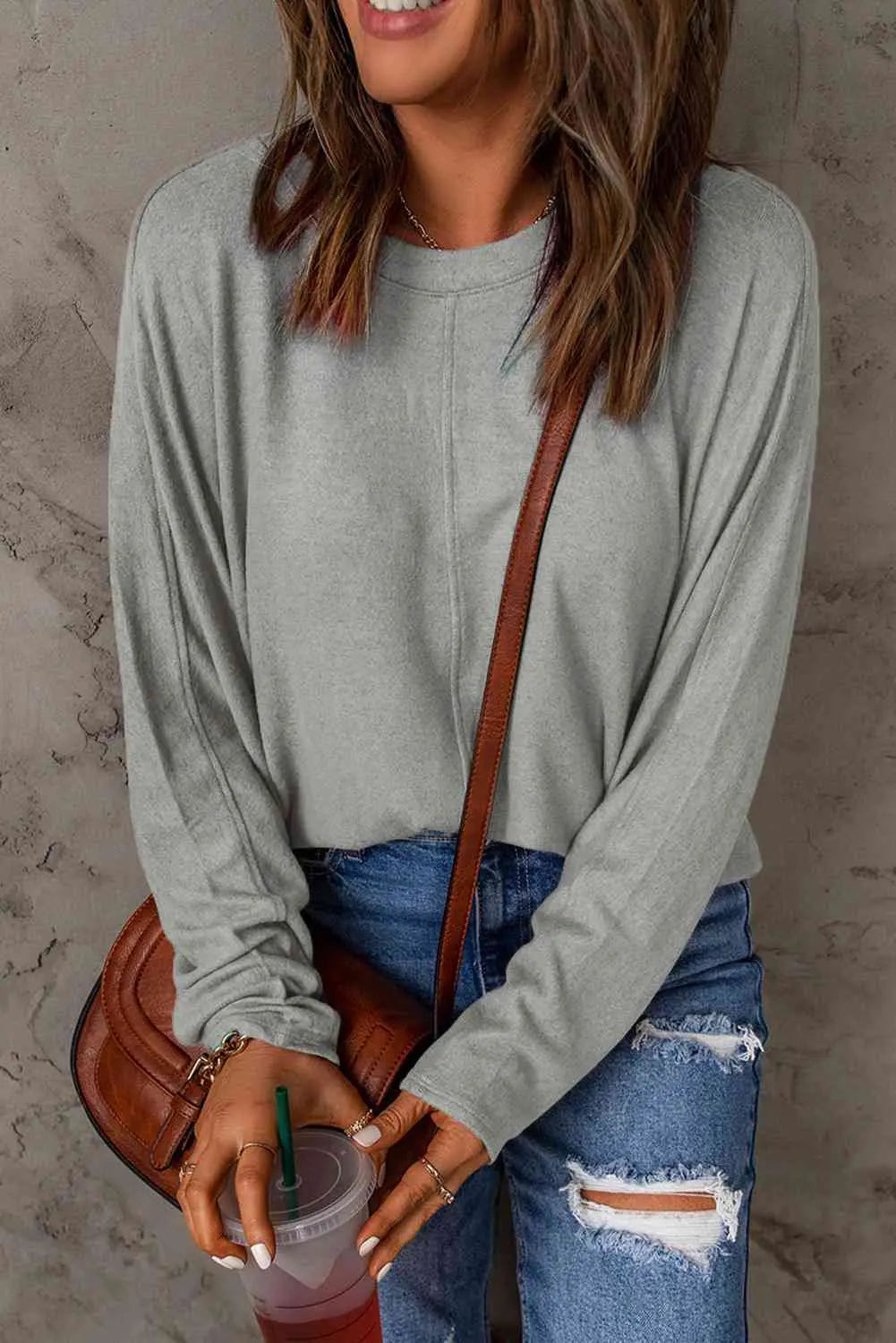 Seam Detail Round Neck Long Sleeve Top Trendsi