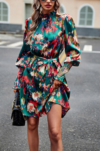 Printed Tie Waist Mock Neck Lantern Sleeve Dress -BazaarBey - www.shopbazaarbey.com