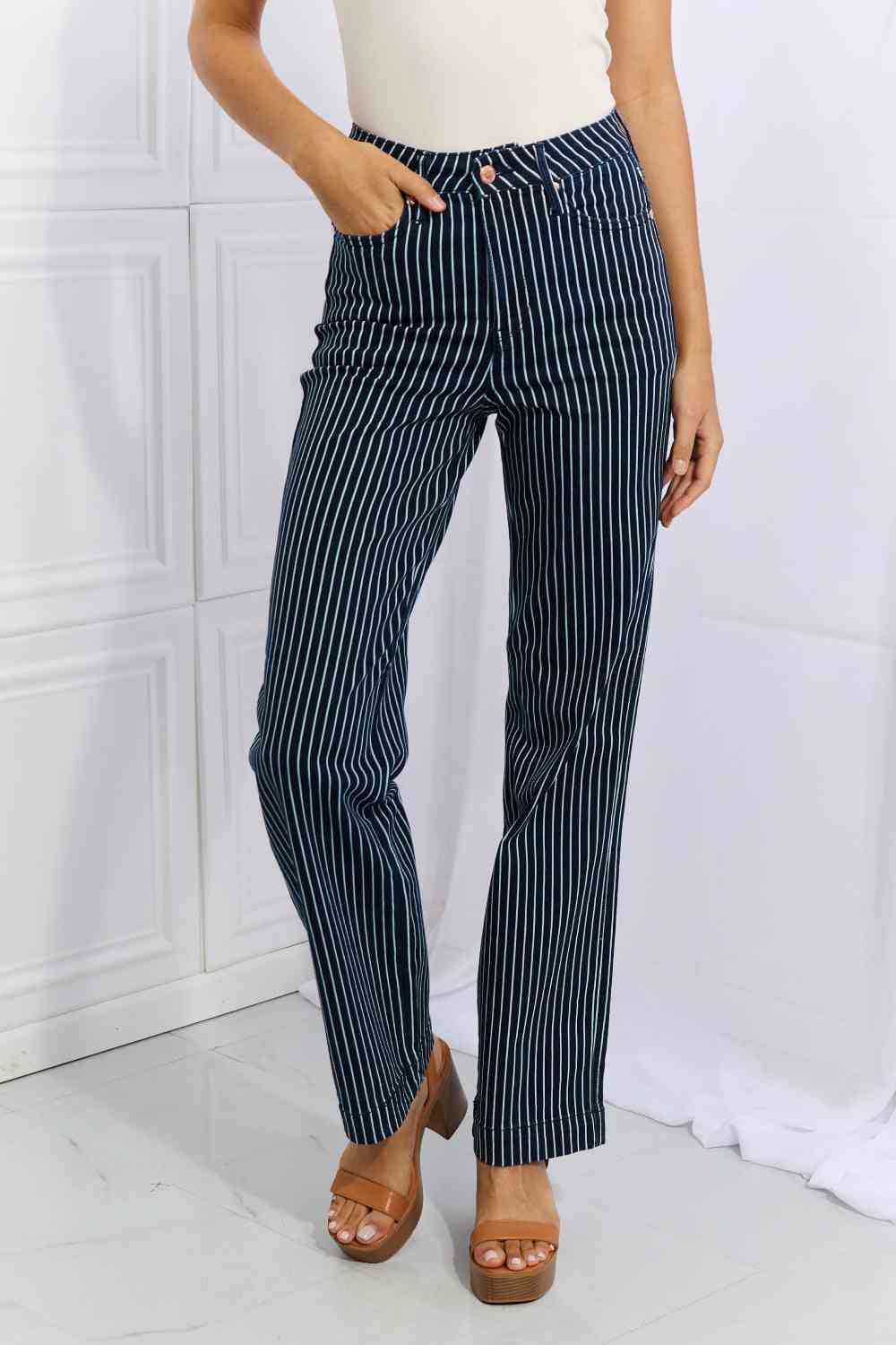    High Waisted Tummy Control Striped Straight Jeans Trendsi