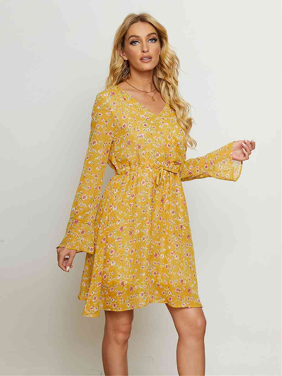 Floral Drawstring Waist V-Neck Dress -BazaarBey - www.shopbazaarbey.com