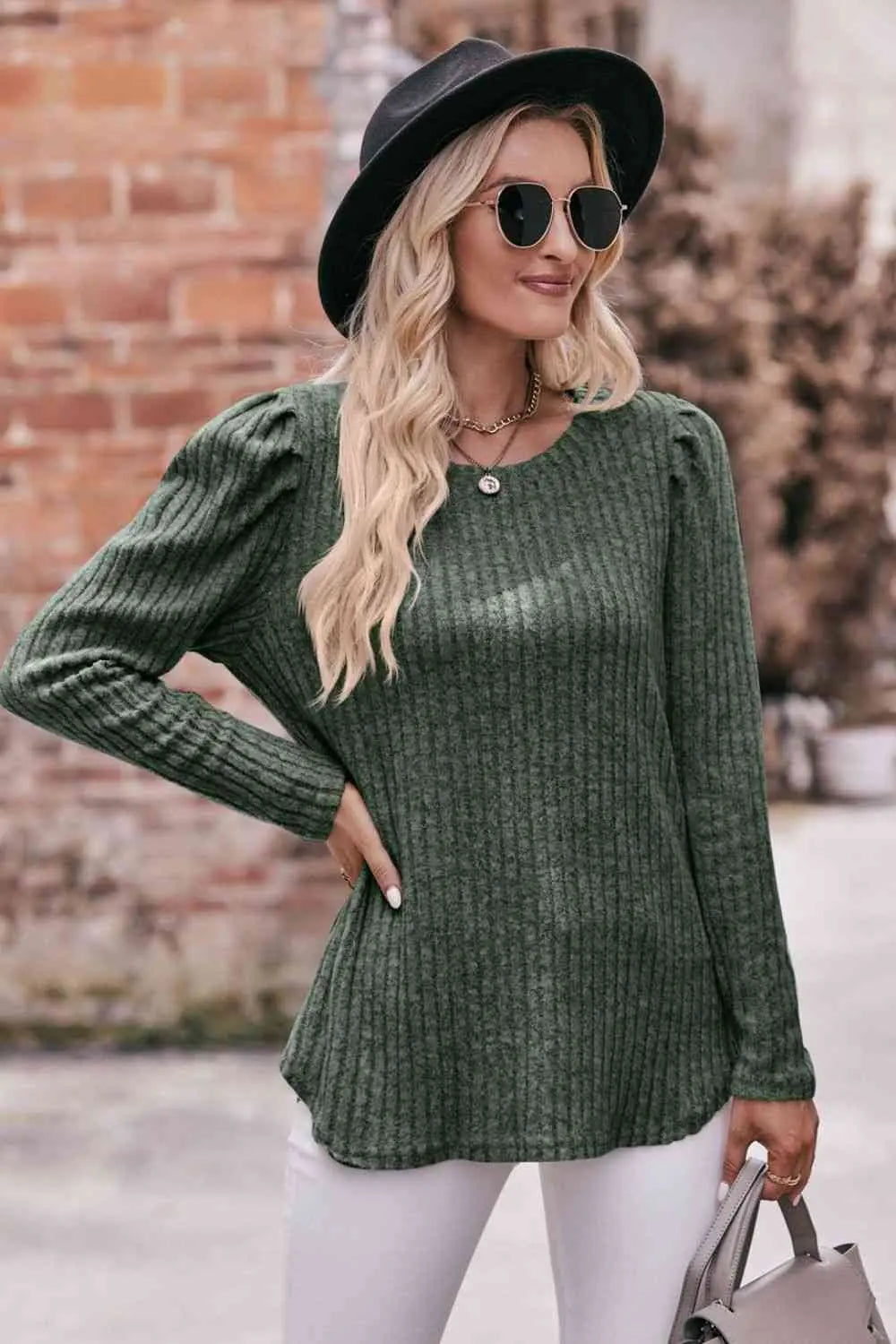  Round Neck Puff Sleeve Ribbed Top Trendsi