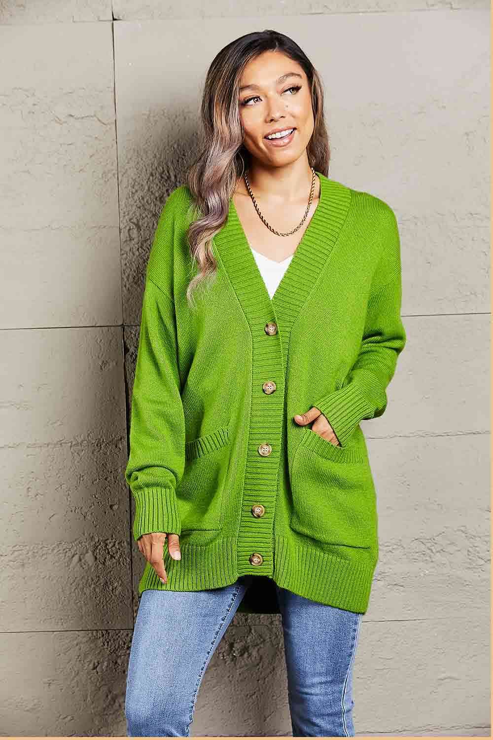  Ribbed Trim Dropped Shoulder Pocketed Cardigan Trendsi