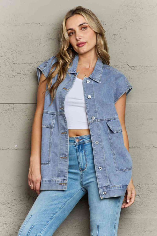 Collared Neck Sleeveless Denim Top with Pockets Bazaarbey