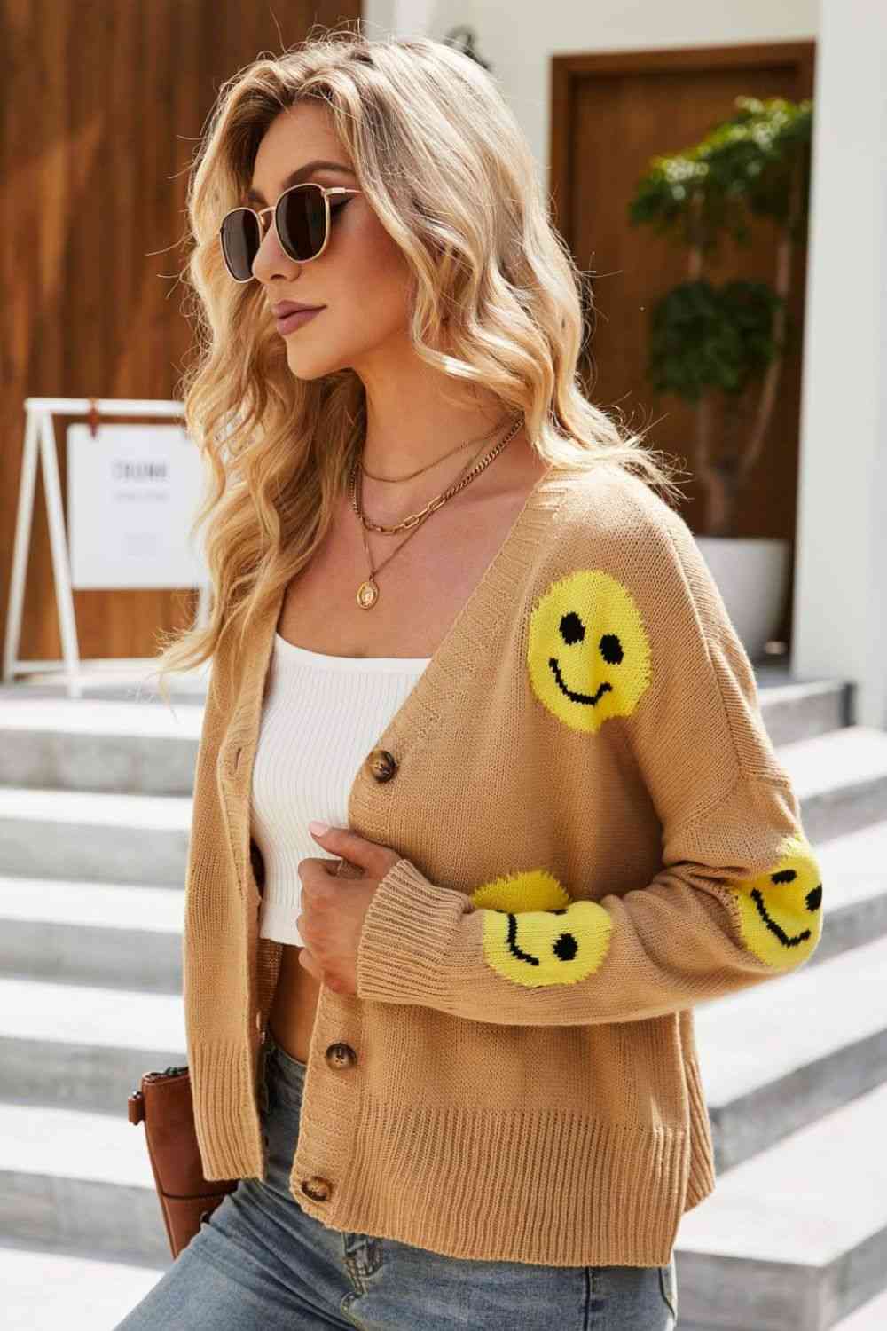 Smiley Face Ribbed Trim V-Neck Cardigan Trendsi