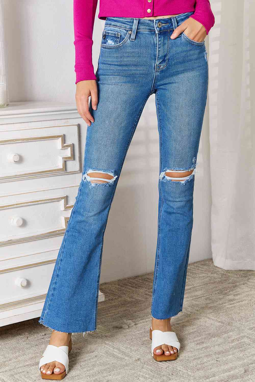   Distressed Raw Hem Bootcut Jeans Trendsi