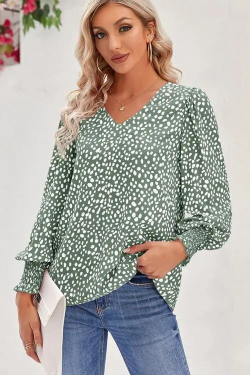 BazaarBey Printed V-Neck Smocked Lantern Sleeve Blouse Trendsi