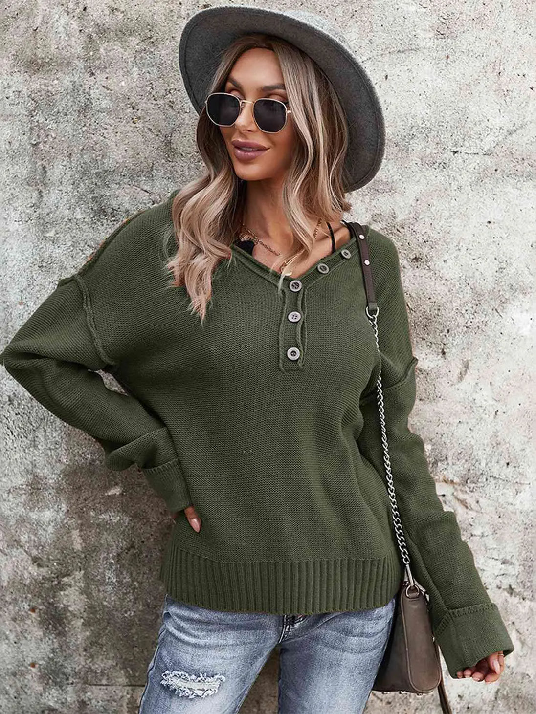 Buttoned Exposed Seam Knit Top Trendsi