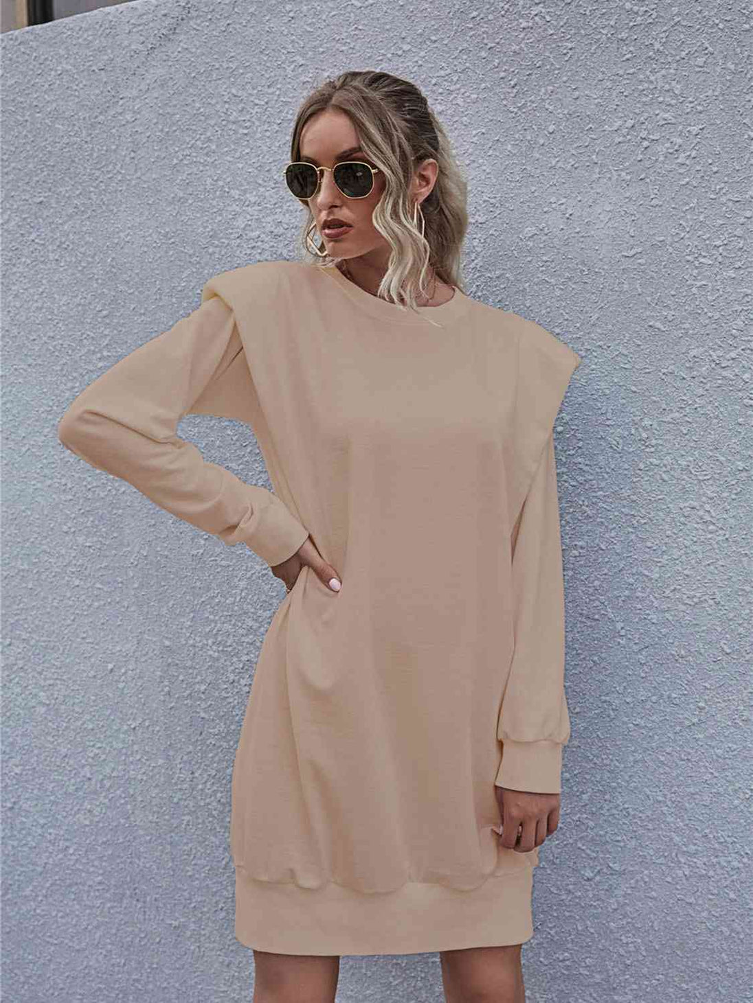 Round Neck Long Sleeve Mini Dress -BazaarBey - www.shopbazaarbey.com