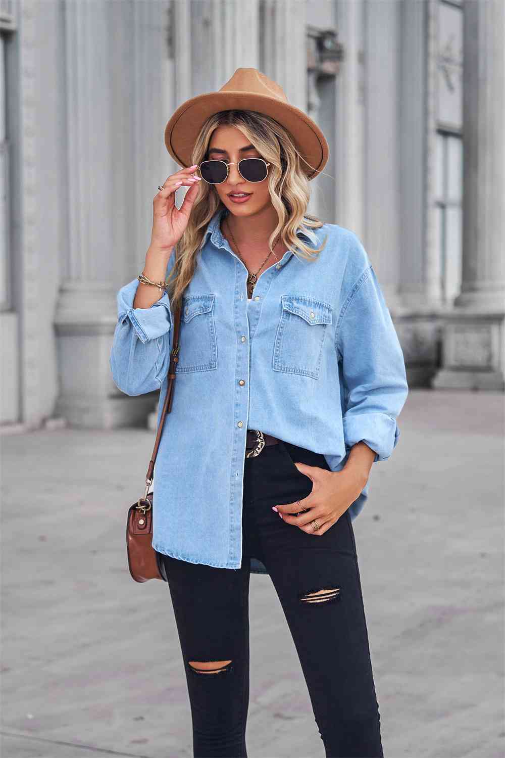 Collared Neck Dropped Shoulder Denim Top Bazaarbey