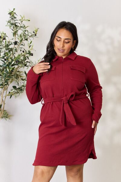   Tie Front Half Zip Long Sleeve Shirt Dress Trendsi