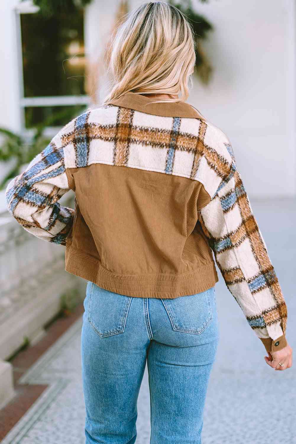 Plaid Collared Neck Button Down Jacket Trendsi