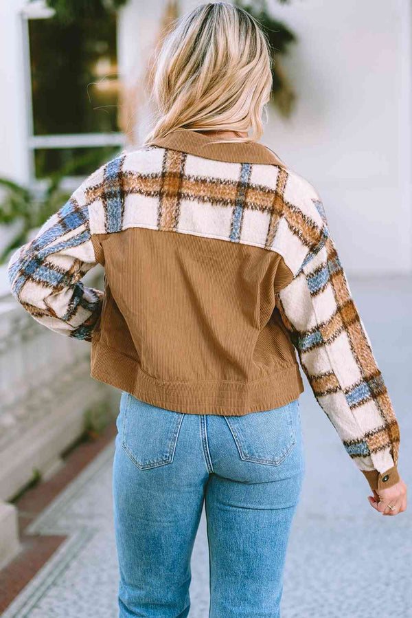 Plaid Collared Neck Button Down Jacket Trendsi