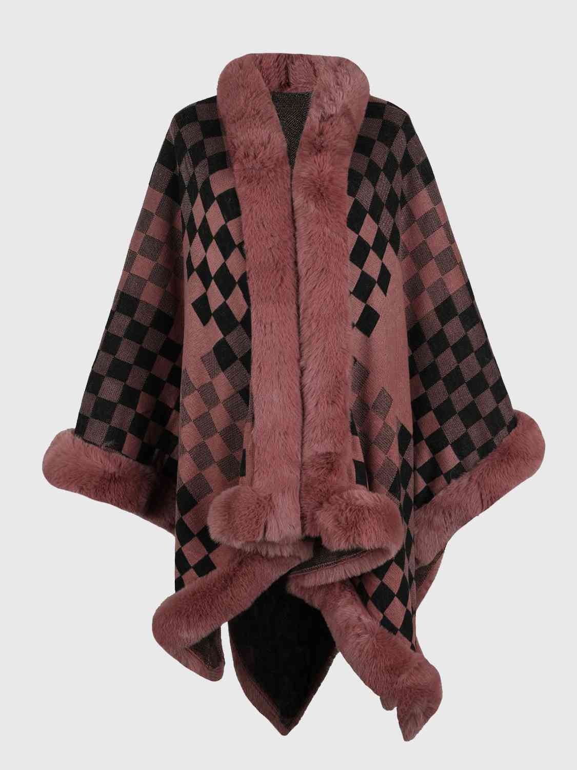 Checkered Faux Fur Trim Poncho Bazaarbey