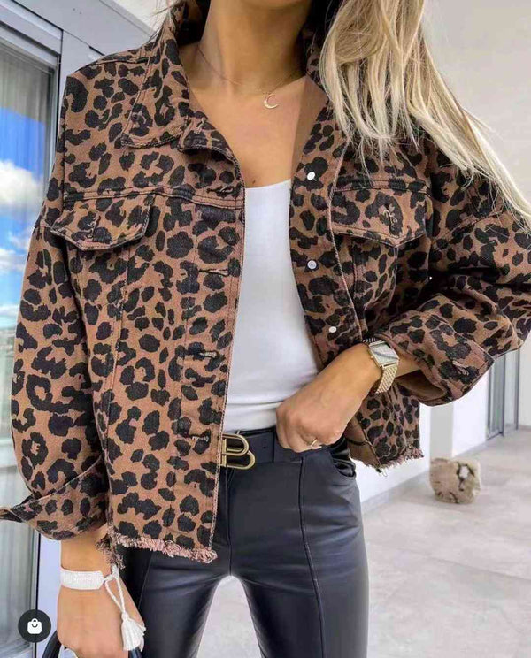 Leopard Raw Hem Denim Jacket Bazaarbey