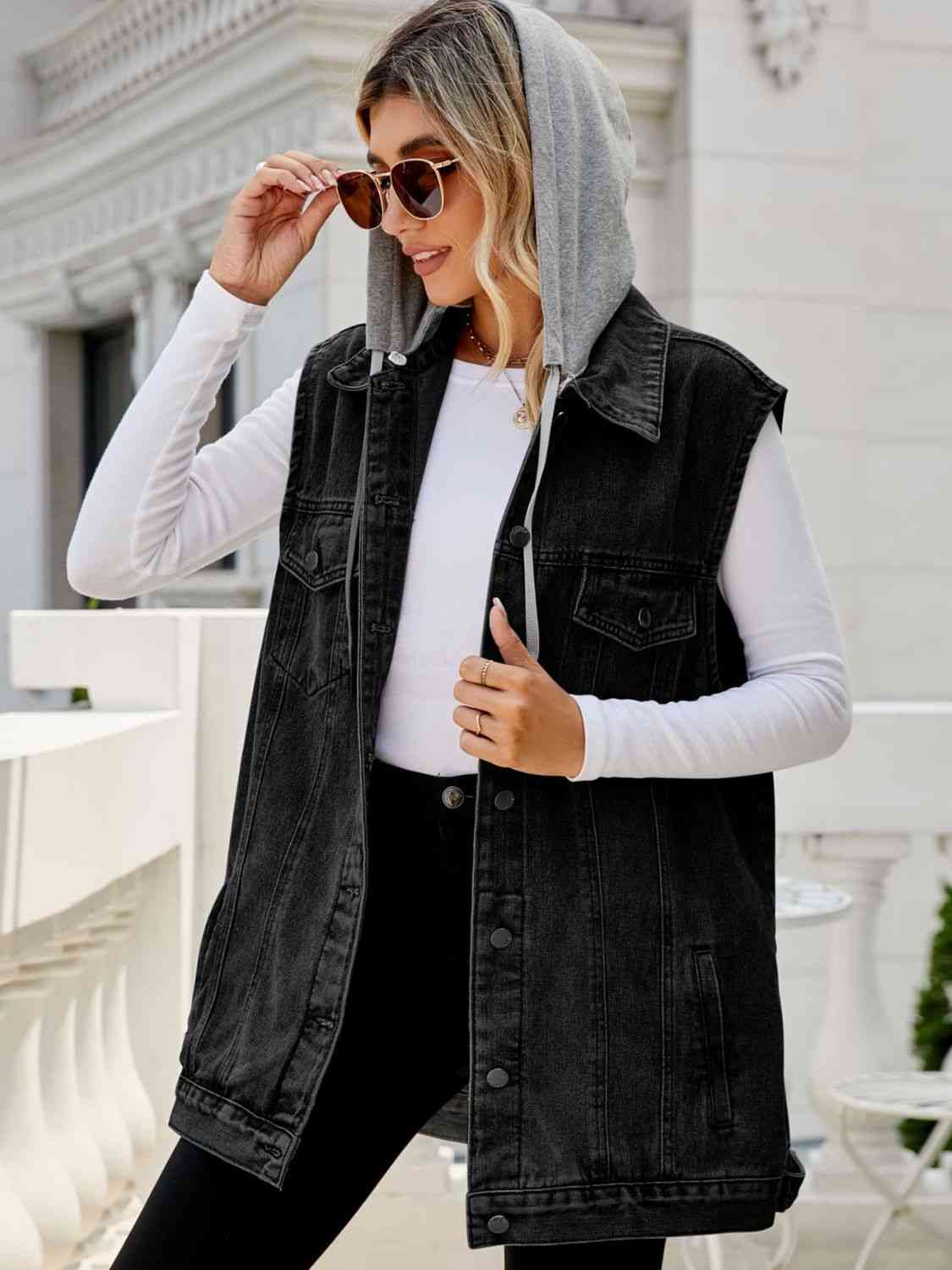 Drawstring Hooded Sleeveless Denim Top with Pockets Bazaarbey