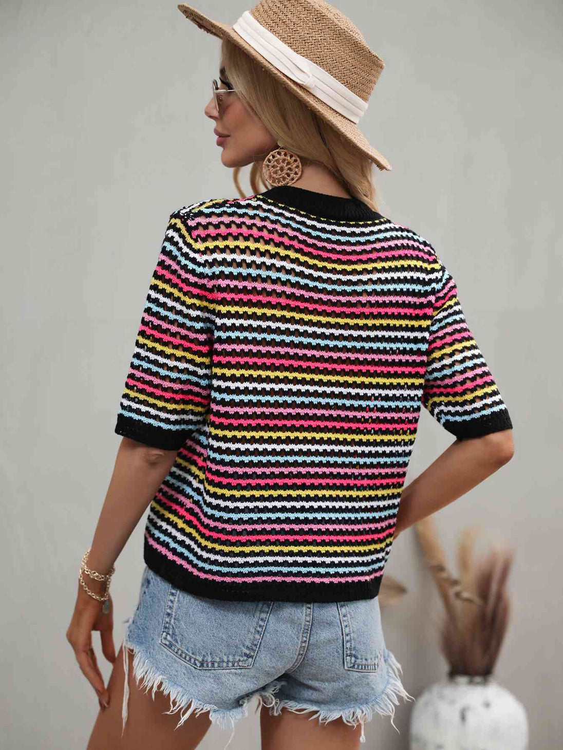 Striped  Half Sleeve Knit Top Trendsi