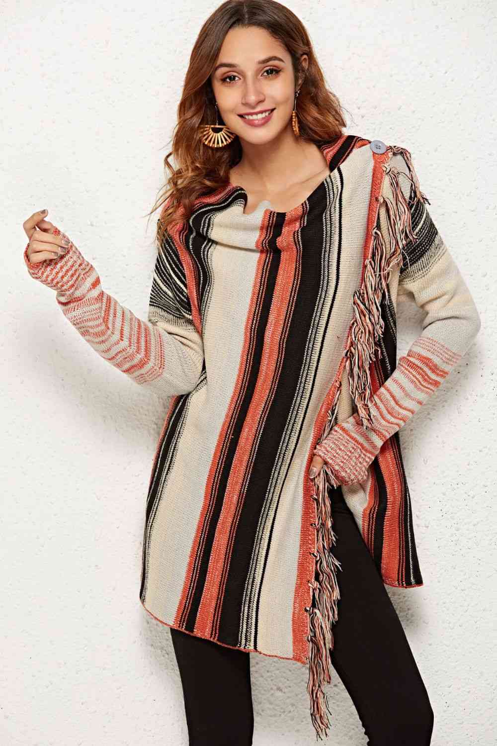 BazaarBey Striped Tassel Detail One-Button Cardigan Bazaarbey